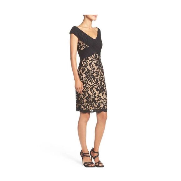 Tadashi Shoji Black Lace Nude Lined knee length Cocktail Party Sheath Dress 4P - Picture 3 of 14